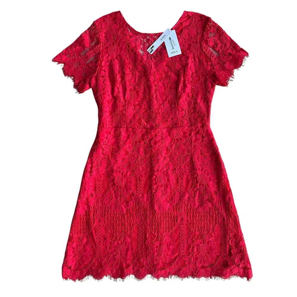 MSLG Womens Sz Large Bright Red Floral Lace Short Sleeve Round Neck A-line Dress